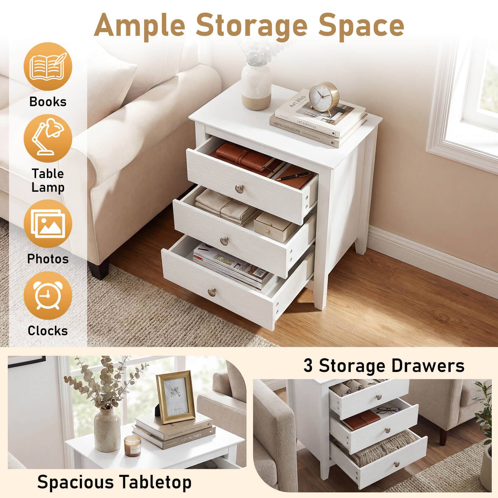 Ample Storage Space  
Books  
Table Lamp  
Photos  
Clocks  

3 Storage Drawers  

Spacious Tabletop