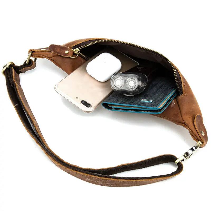 Angle. Steel Horse Leather - Wagner Leather Waist Bag | Full Grain Leather Fanny Pack - Brown.