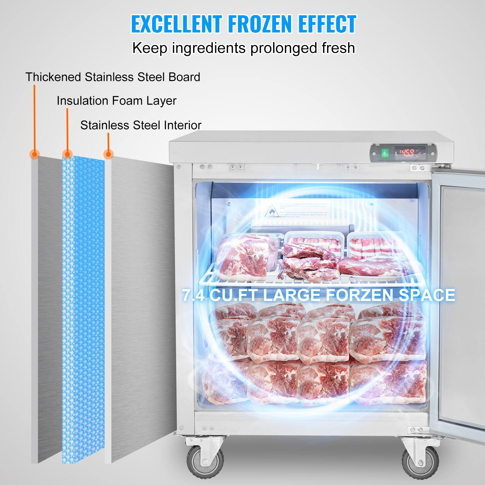 EXCELLENT FROZEN EFFECT  
Keep ingredients prolonged fresh  

Thickened Stainless Steel Board  
Insulation Foam Layer  
Stainless Steel Interior  

7.4 CU.FT LARGE FORZEN SPACE