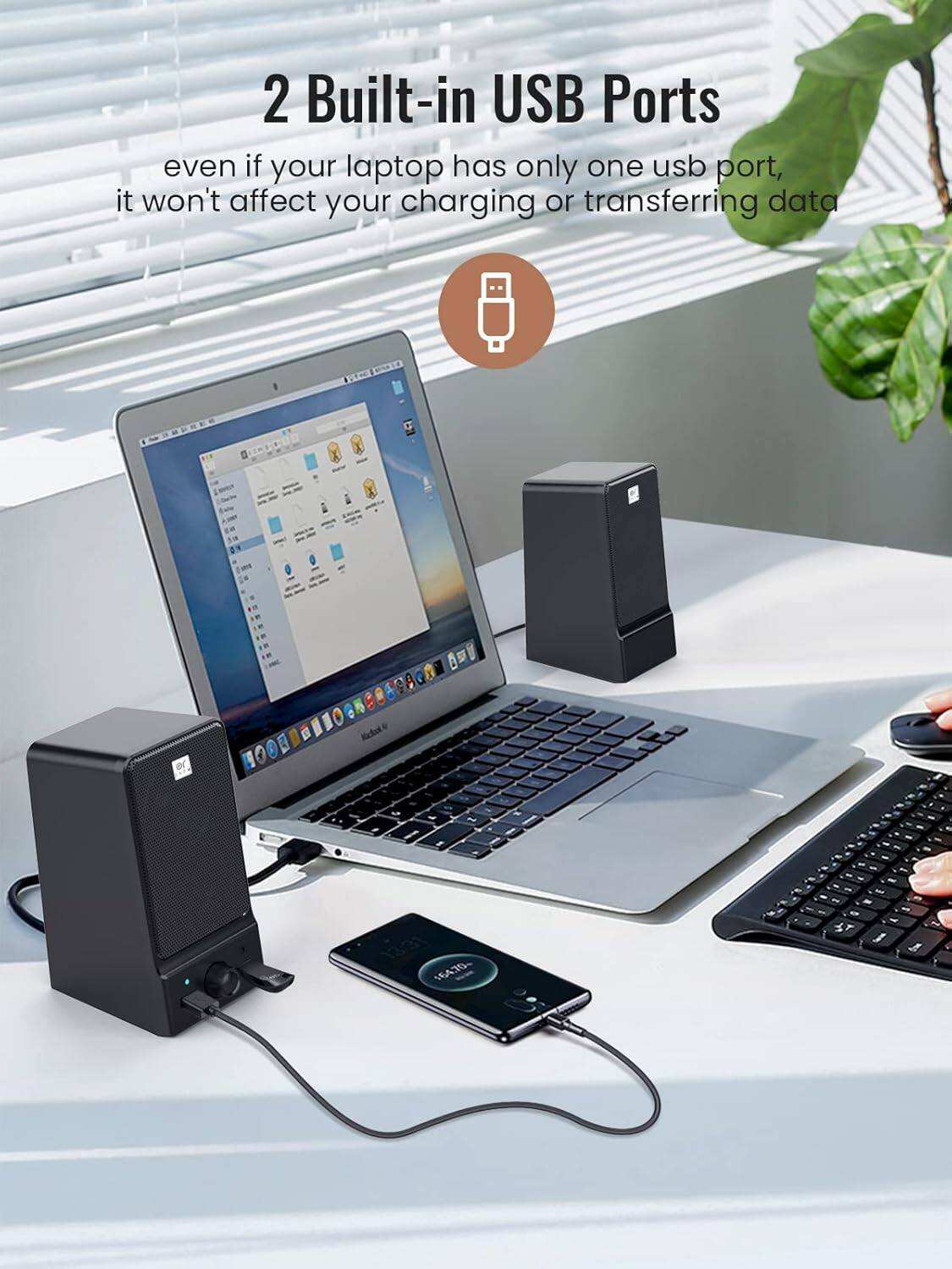 2 Built-in USB Ports  
even if your laptop has only one USB port, it won't affect your charging or transferring data