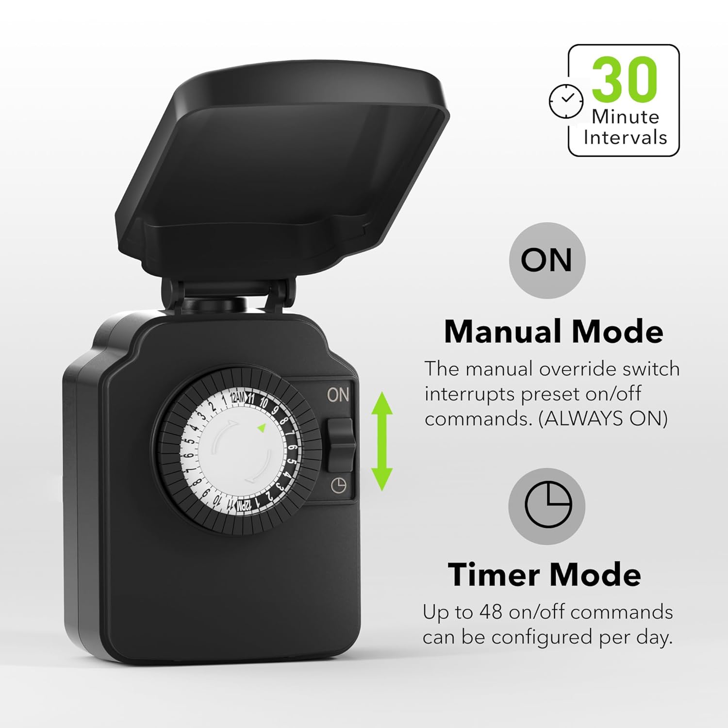 30 Minute Intervals ON

Manual Mode
The manual override switch interrupts preset on/off commands. (ALWAYS ON)

Timer Mode
Up to 48 on/off commands can be configured per day.