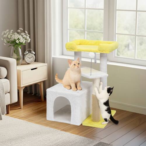 Alt View 5. Winado - 27inch Small Cat Tower with Scratching Post, Ball, Cat Condo, Padded Top Bed for Indoor Kittens Cats Indoor Activity - Yellow & White.