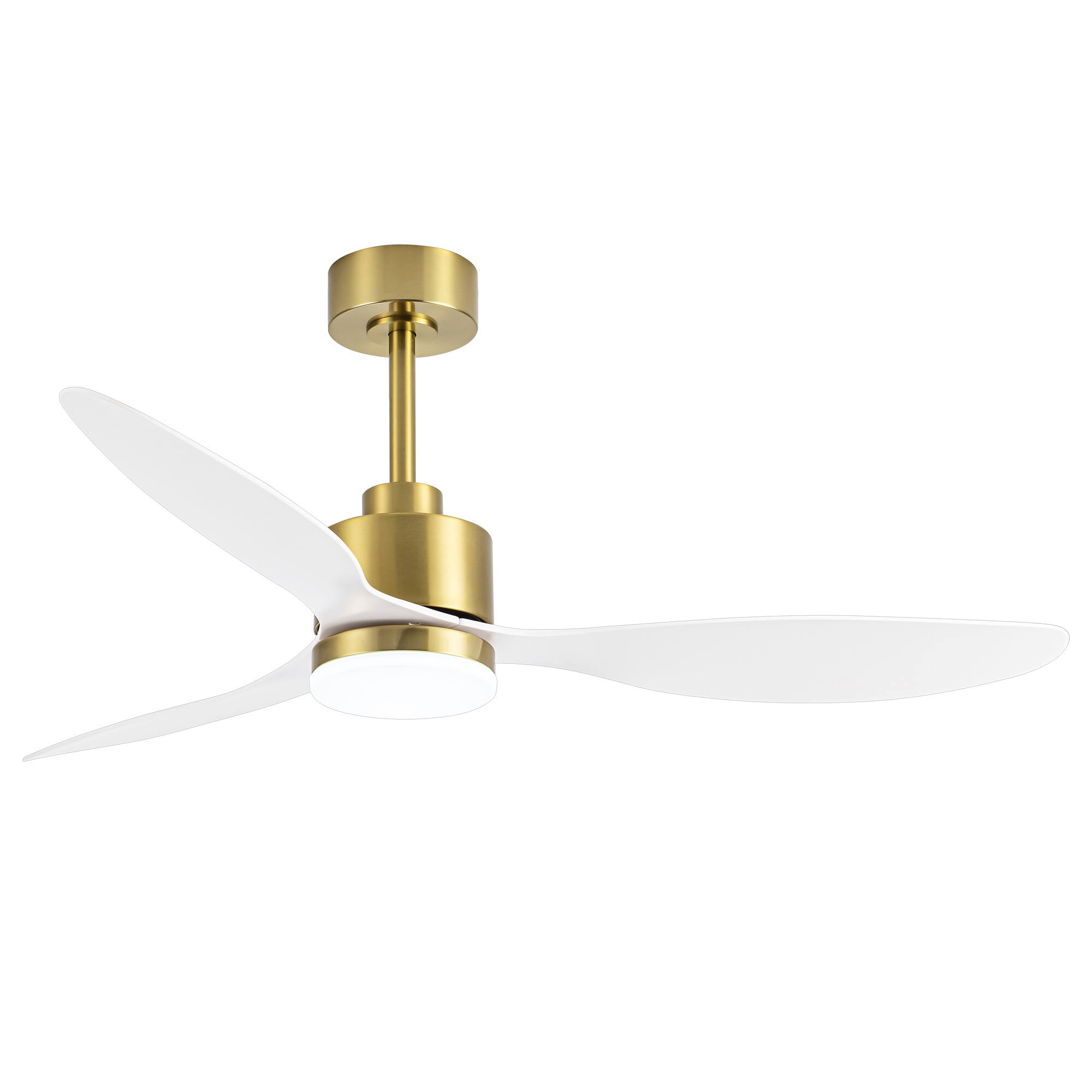 Left. Breezary - 52" Indoor Ceiling Fan, 3 ABS Blades, 6-Speed DC Motor, Remote Control, Memory/Timer, 3-Color LED Light, 5"/10" Downrods - Gold and White.