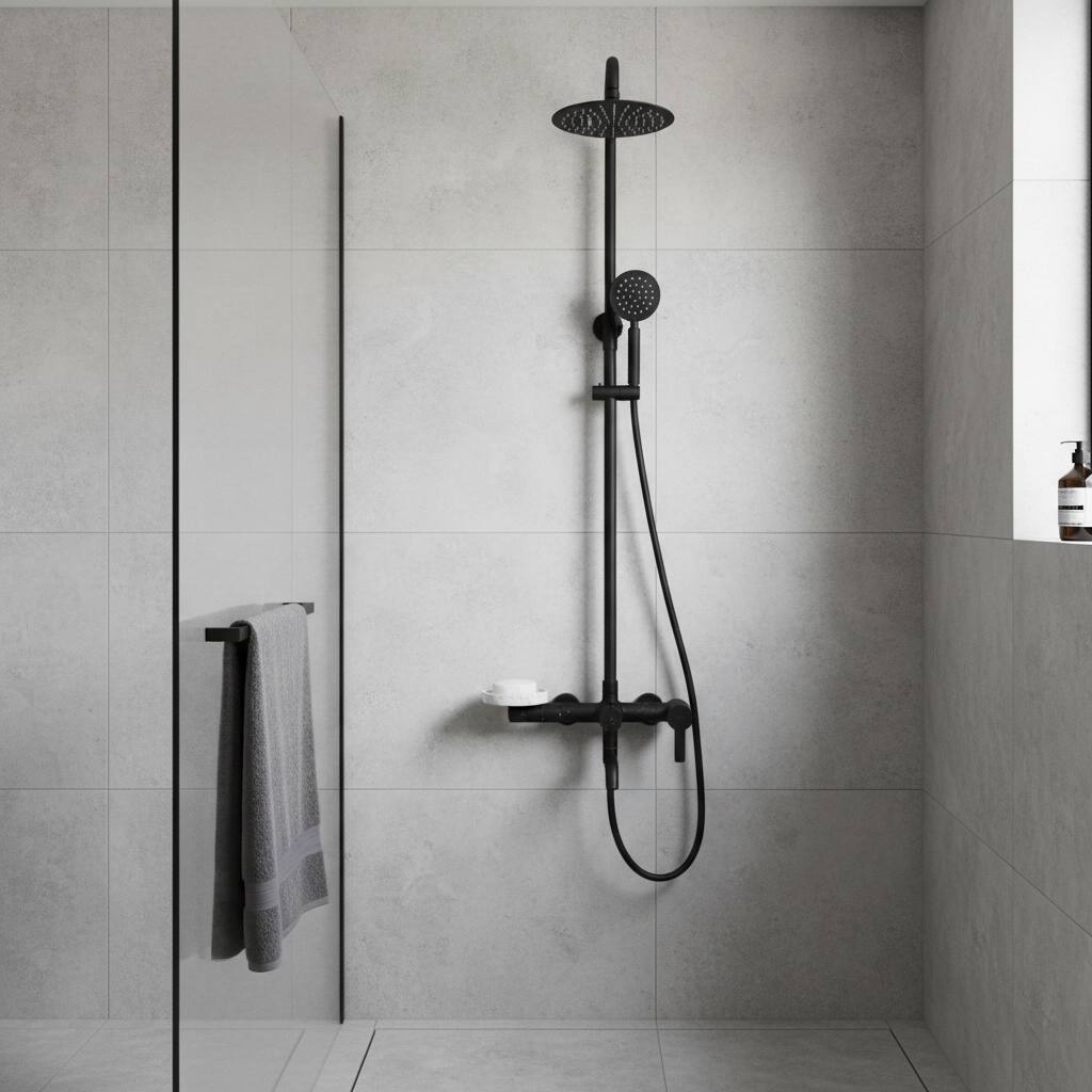 Left. Dazzed Corner - Stainless Steel Matte Black Shower Set with Rainfall & Handheld - Black.