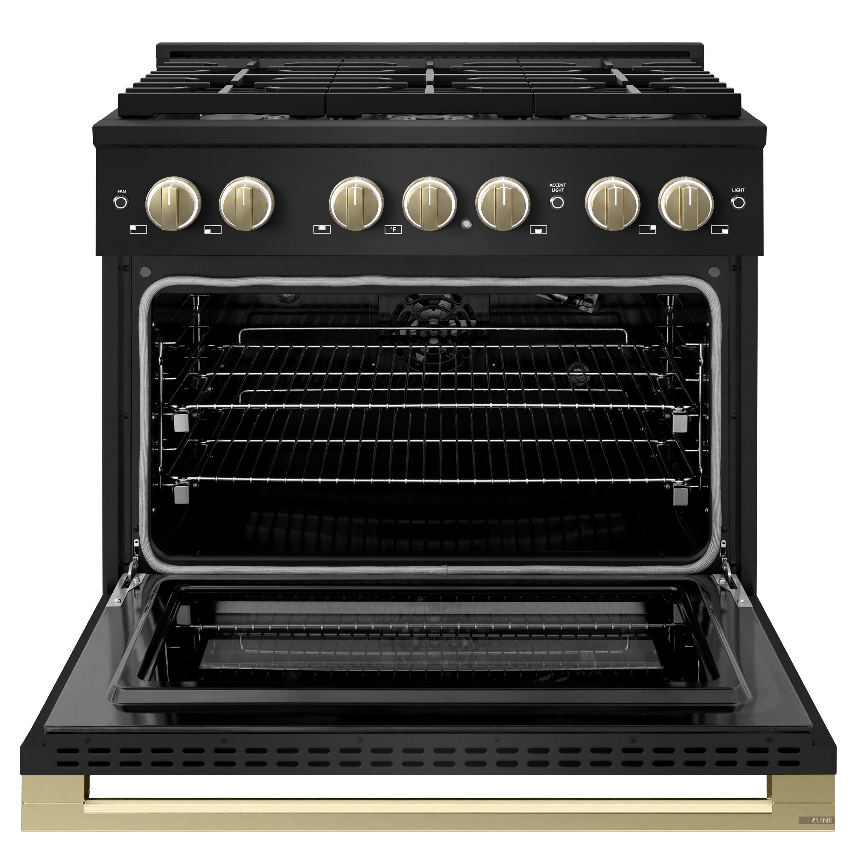 Angle. ZLINE - Autograph 36 in. 5.2 cu. ft. Manual Clean Marino Freestanding Gas Range with 6 Burners and Bronze Accents - Black Stainless Steel.
