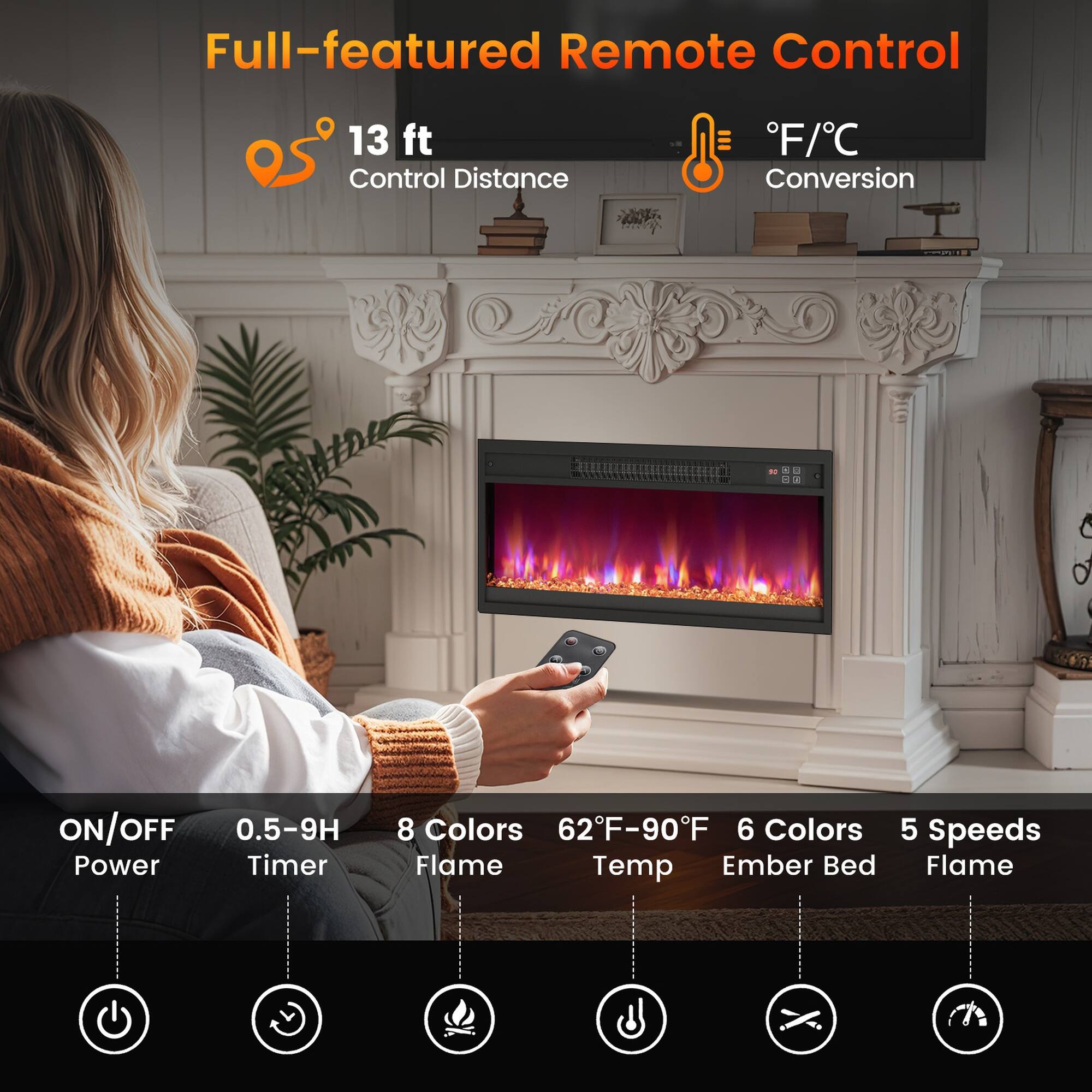 Full-featured Remote Control

13 ft Control Distance

°F/°C Conversion

ON/OFF Power

0.5-9H Timer

8 Colors Flame

62°F-90°F Temp

6 Colors Ember Bed

5 Speeds Flame