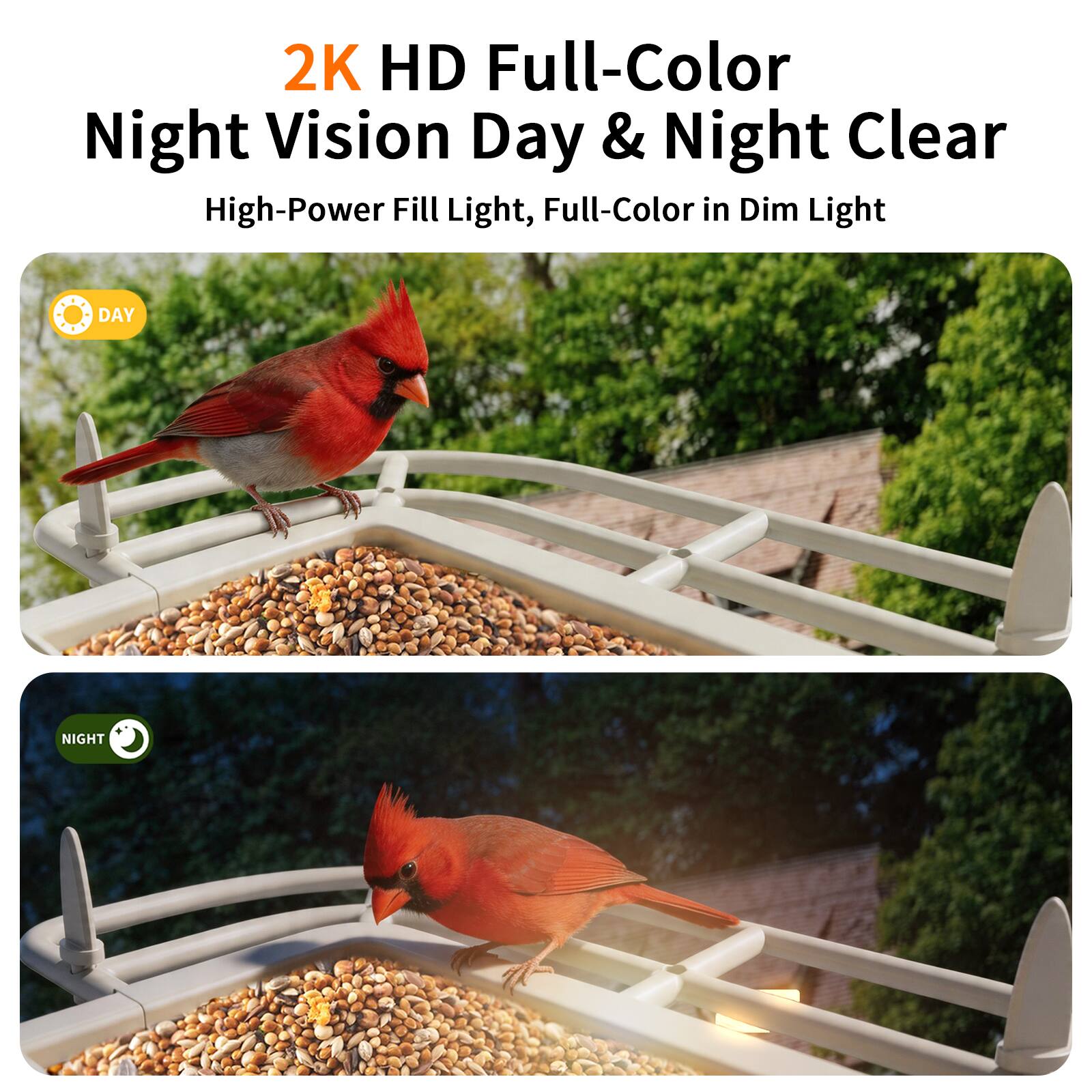 2K HD Full-Color Night Vision Day & Night Clear  
High-Power Fill Light, Full-Color in Dim Light