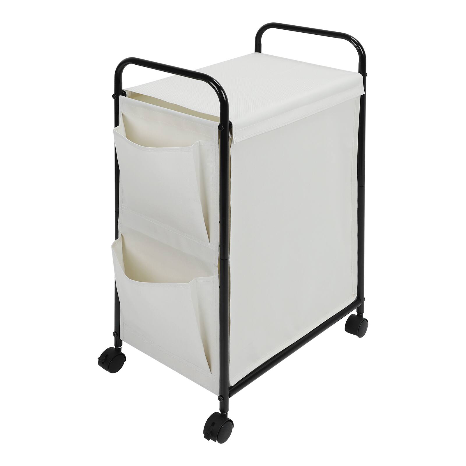 Front. Oumilen - Rolling Laundry Hamper Cart with Lid – Matte Black Frame & White Waterproof Fabric Basket - White.