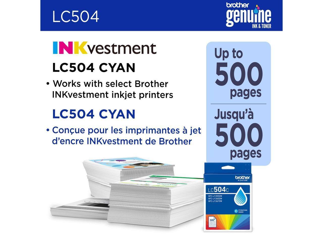 brother LC504 genuine INK & TONER INKvestment Up to LC504 CYAN Works with select Brother 500 INKvestment inkjet printers pages LC504 CYAN Jusqu' à 500 pages pour les imprimantes à jet d'encre INKvestment de Brother 500 pages brother atyourside LC504c LC MiC-J1350W MFD-J13650W MFC-J1367OW TI/LIAN C CHANO
