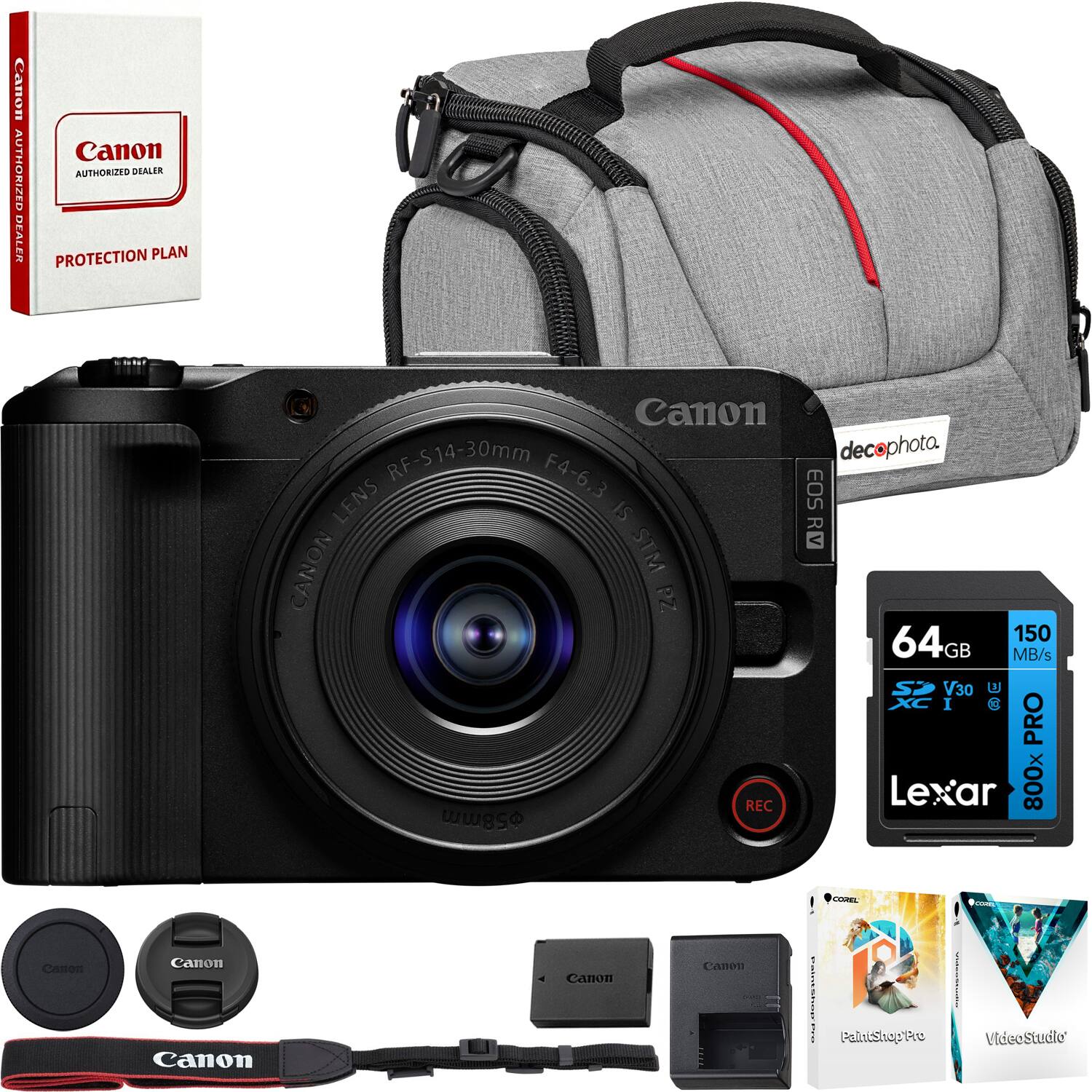 Canon Authorized Dealer Protection Plan  
Canon RF-S 14-30mm F4-6.3 IS STM Lens  
64GB 150 MB/s V30 800x Lexar Pro SDXC Card  
58mm Canon Lens Cap  
Canon Camera Bag  
Canon Lens Hood  
Canon Lens Cap  
Canon Strap  
PaintShop Pro  
VideoStudio Pro