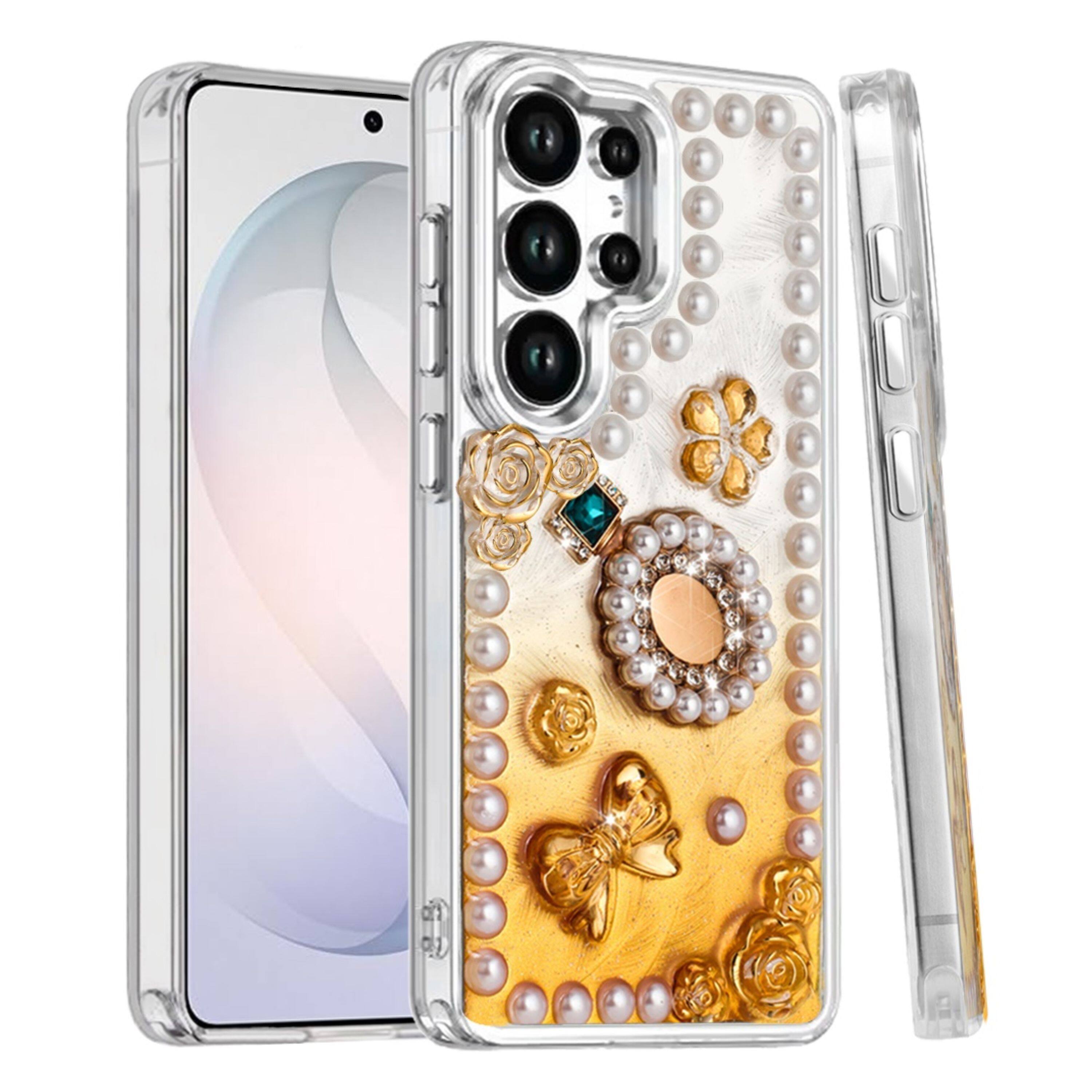 Left. Kitcheniva - Floral And Faux Pearl Trim 3D Charms Design Phone Case With Tempered Glass For Samsung Galaxy S26 Ultra Gold - Multicolor.