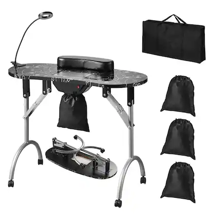 Front. VEVOR - Portable Manicure Table, Foldable Nail Table with Electric Dust Collector,Moveable Nail Tech Desk & 4 Wheels,3 Dust Bags - Black.