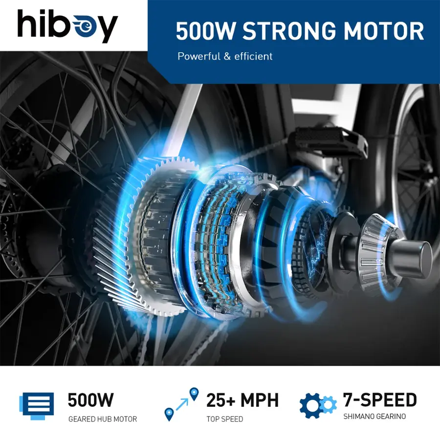 hiboy 500W STRONG MOTOR Powerful & Efficient (1r 500W GEARED HUB MOTOR 25+ MPH TOP SPEED 7-SPEED SHIMANO GEARING)