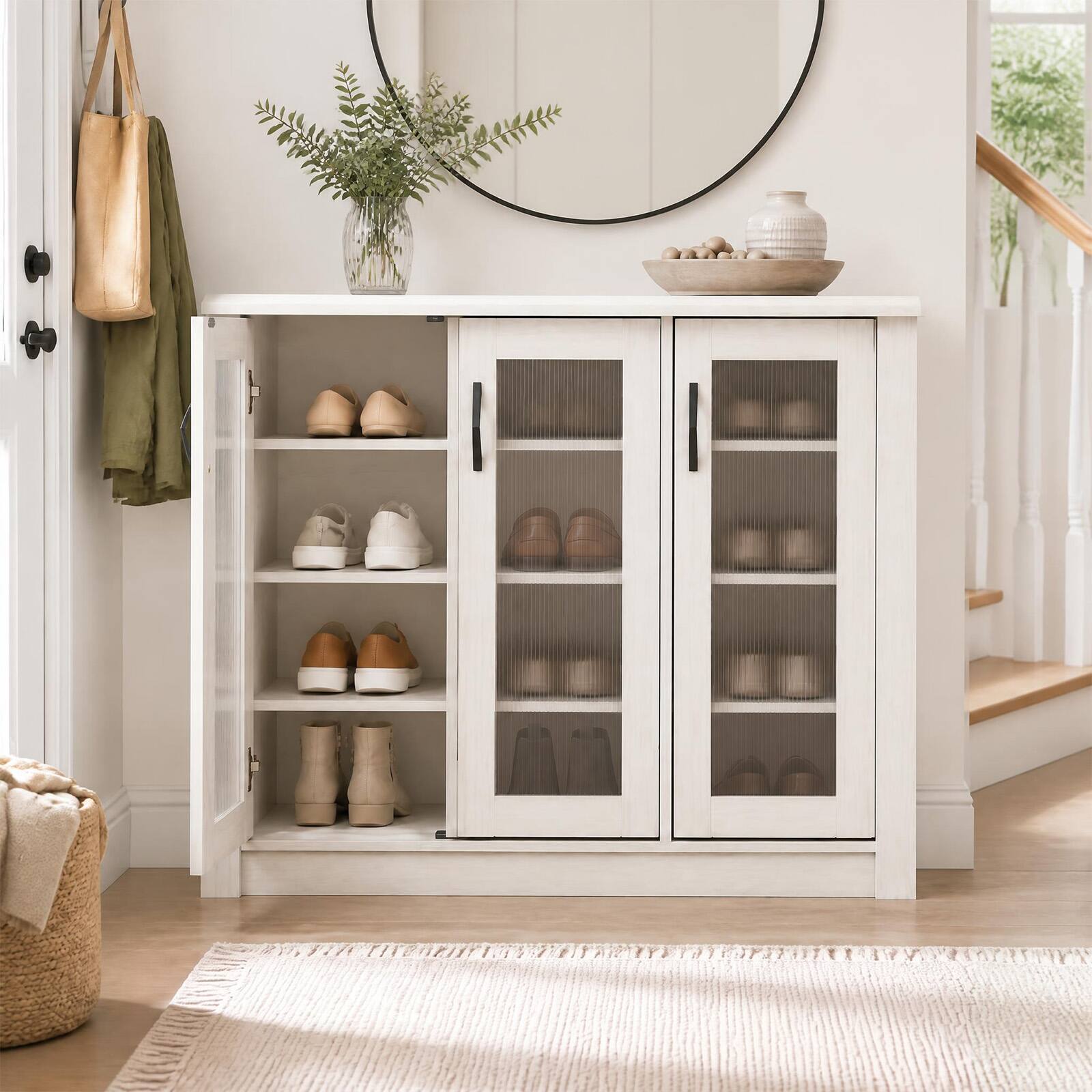 Alt View 4. Costway - Costway 3-Door Shoe Cabinet with Removable Shelves, Fluted Transparent Doors, Cable Holes - 3-Door White.