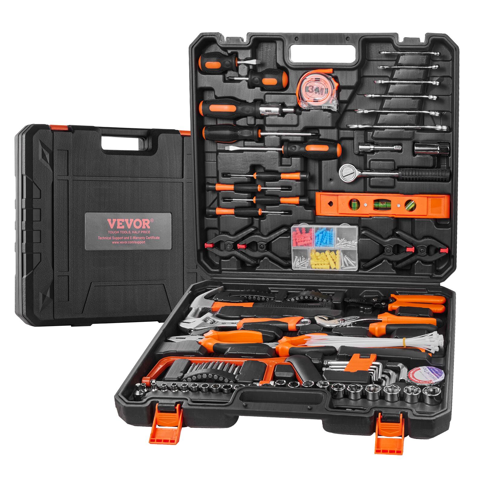 VEVOR - Tool Kit, 216 Piece General Household Hand Tool Set, Home Repairing Tool Kit with Portable Tool Storage Case - Orange,black