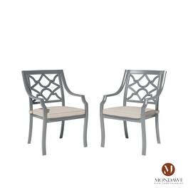 Mondawe - 2 Piece Powder Coated Cast Aluminum Outdoor Dining Armchair with Cushion - Black+Beige