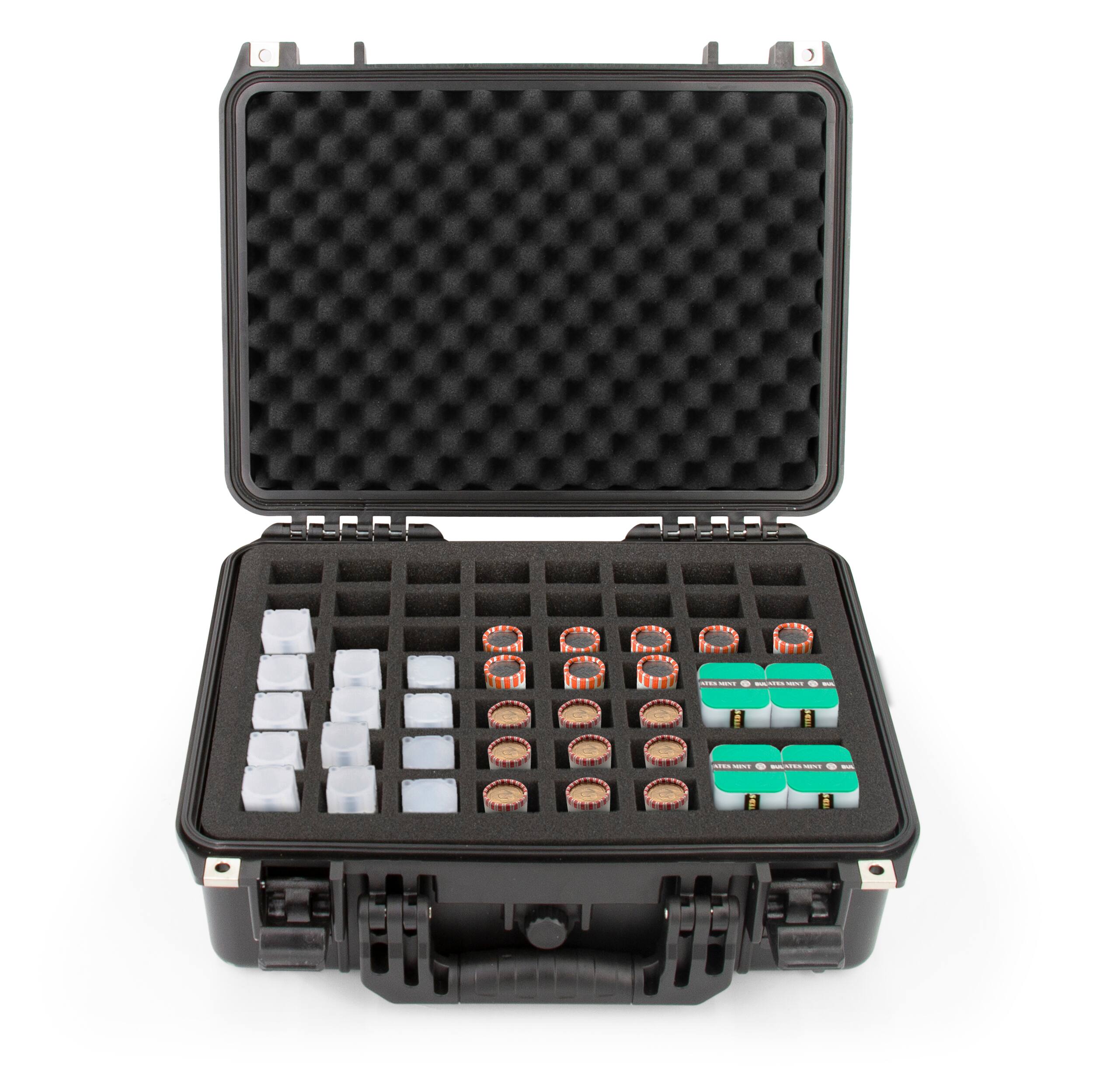 Front. CASEMATIX - Coin Tube Box Case Holds 56 Rolls, Waterproof Airtight Lockable Hard Shell Organizer for Quarters, Silver Eagle and More - Black.