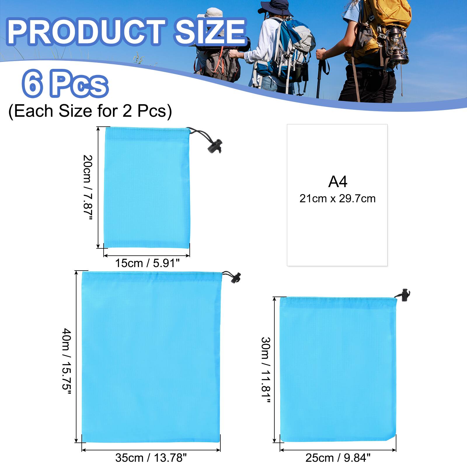 PRODUCT SIZE

6 Pcs (Each Size for 2 Pcs)

- 20cm / 7.87" x 15cm / 5.91"
- A4 21cm x 29.7cm
- 40m / 15.75" x 35cm / 13.78"
- 30m / 11.81" x 25cm / 9.84"