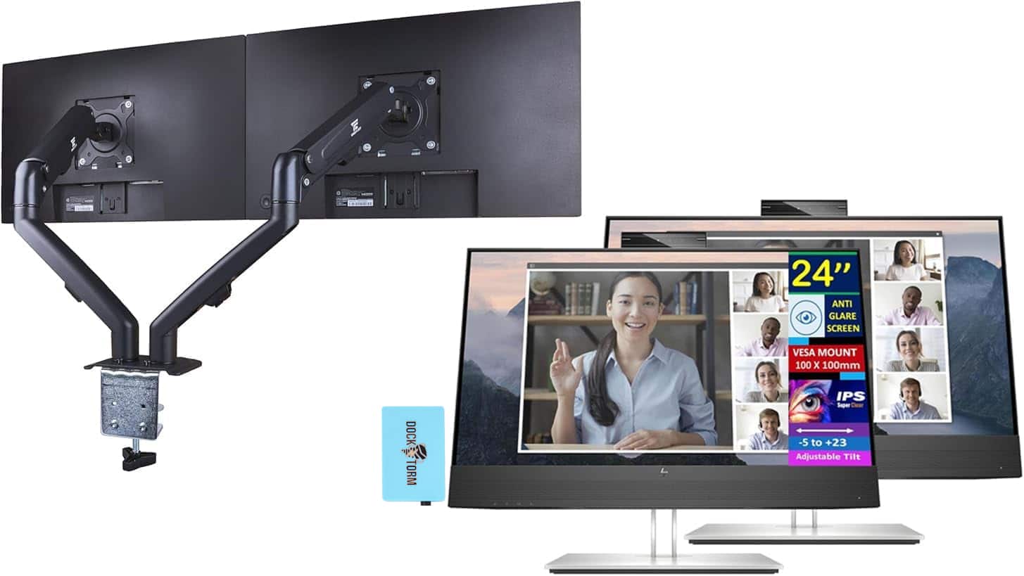 HP - E24mv G4 24" Monitor, Anti-Glare, HDMI (169L0AA#ABA) 2 Pack w/DKZ Hub & ErgoFlexy Dual Mount Arm - Black/Silver