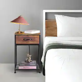 Oumilen - Nightstand with Charging Station, Industrial End Table with Drawer & Mesh Shelf - Rustic Brown
