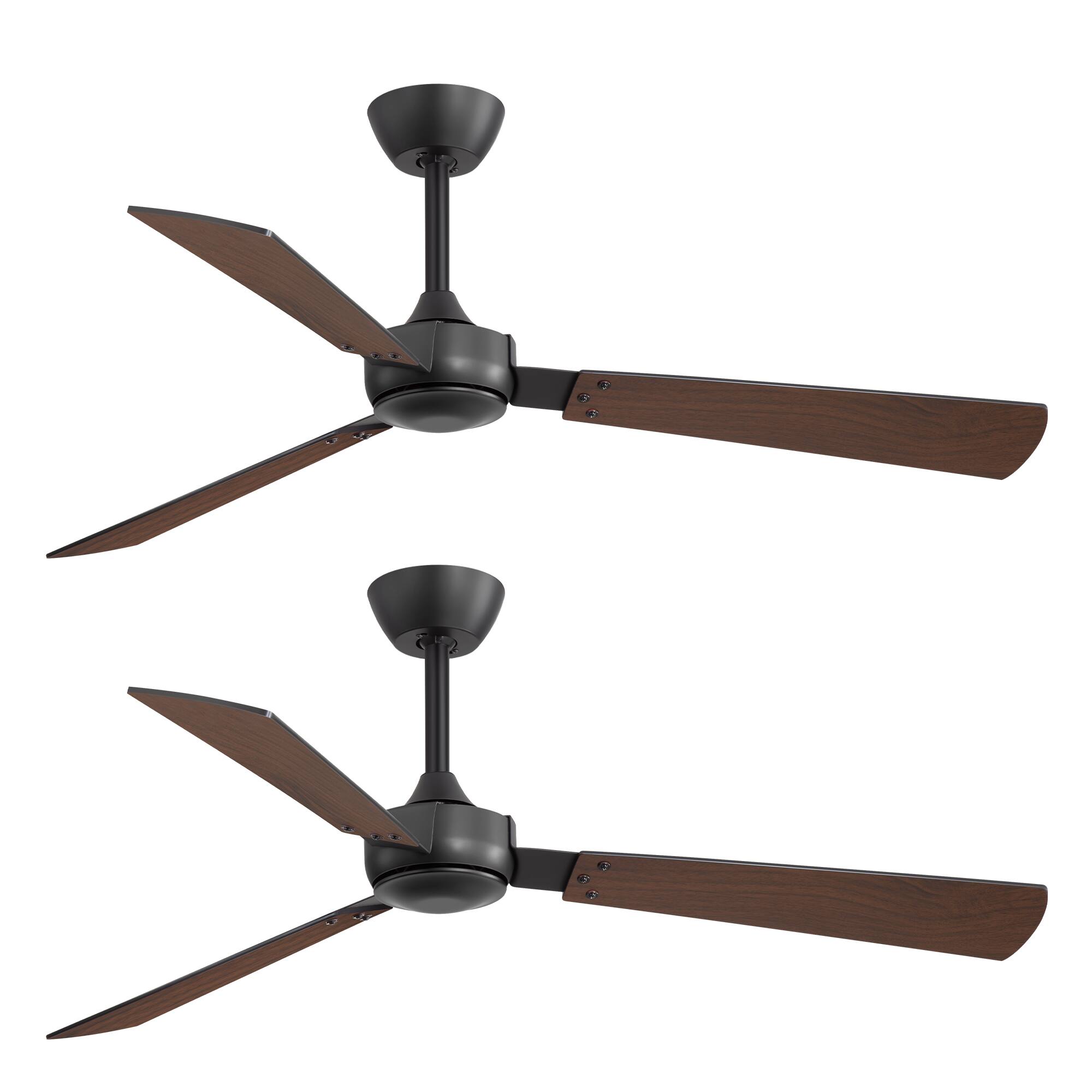 Angle. Breezary - 52-Inch Indoor Modern No-Light Ceiling Fan, DC Motor, 6-Speed Remote Control, 3 Blades, 4"/8" Downrods, Single or 2 Pack - Black and Woodgrain-2 Pack.