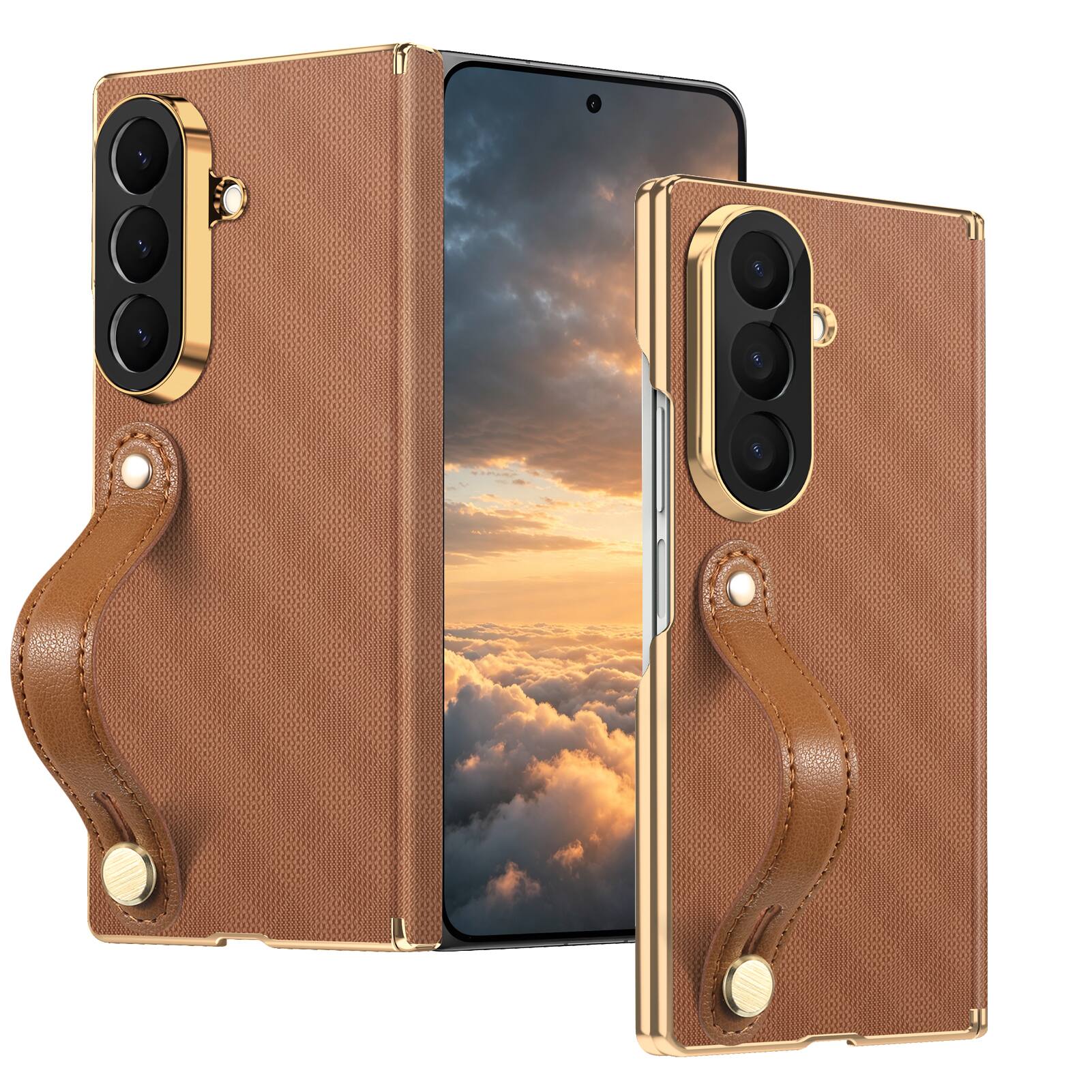 Alt View 3. Dteck - Shockproof Case for Samsung Galaxy Z Fold8 Ultra with Wrist Strap, Rigid Plastic Leather Texture Dual Axis Hinge Cover - Brown.