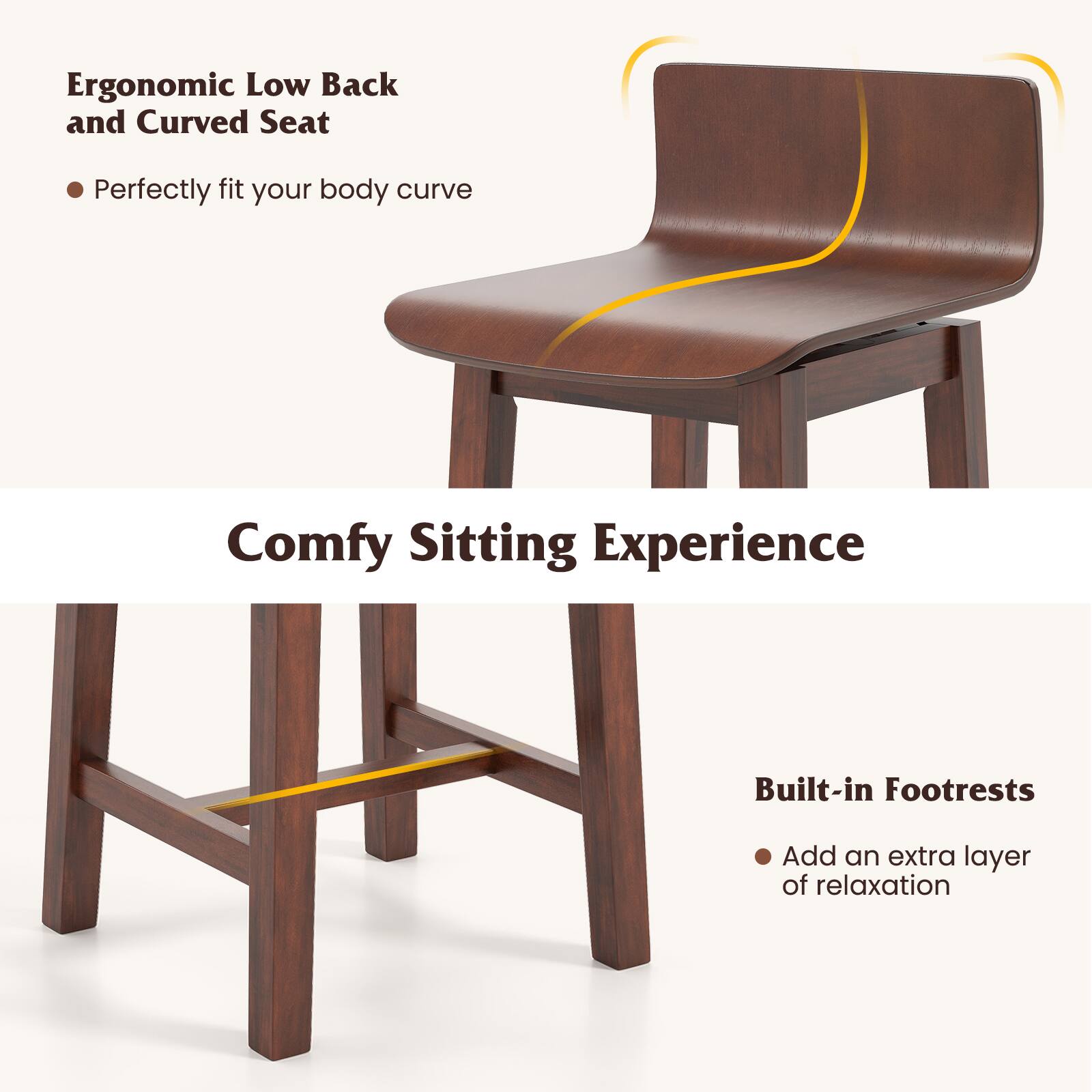 Ergonomic Low Back and Curved Seat  
- Perfectly fit your body curve  

Comfy Sitting Experience  

Built-in Footrests  
- Add an extra layer of relaxation