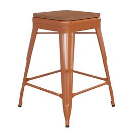 Emma + Oliver - Kam Backless Metal Indoor-Outdoor Stool with All-Weather Polystyrene Seat - Teak Seat/Orange Frame