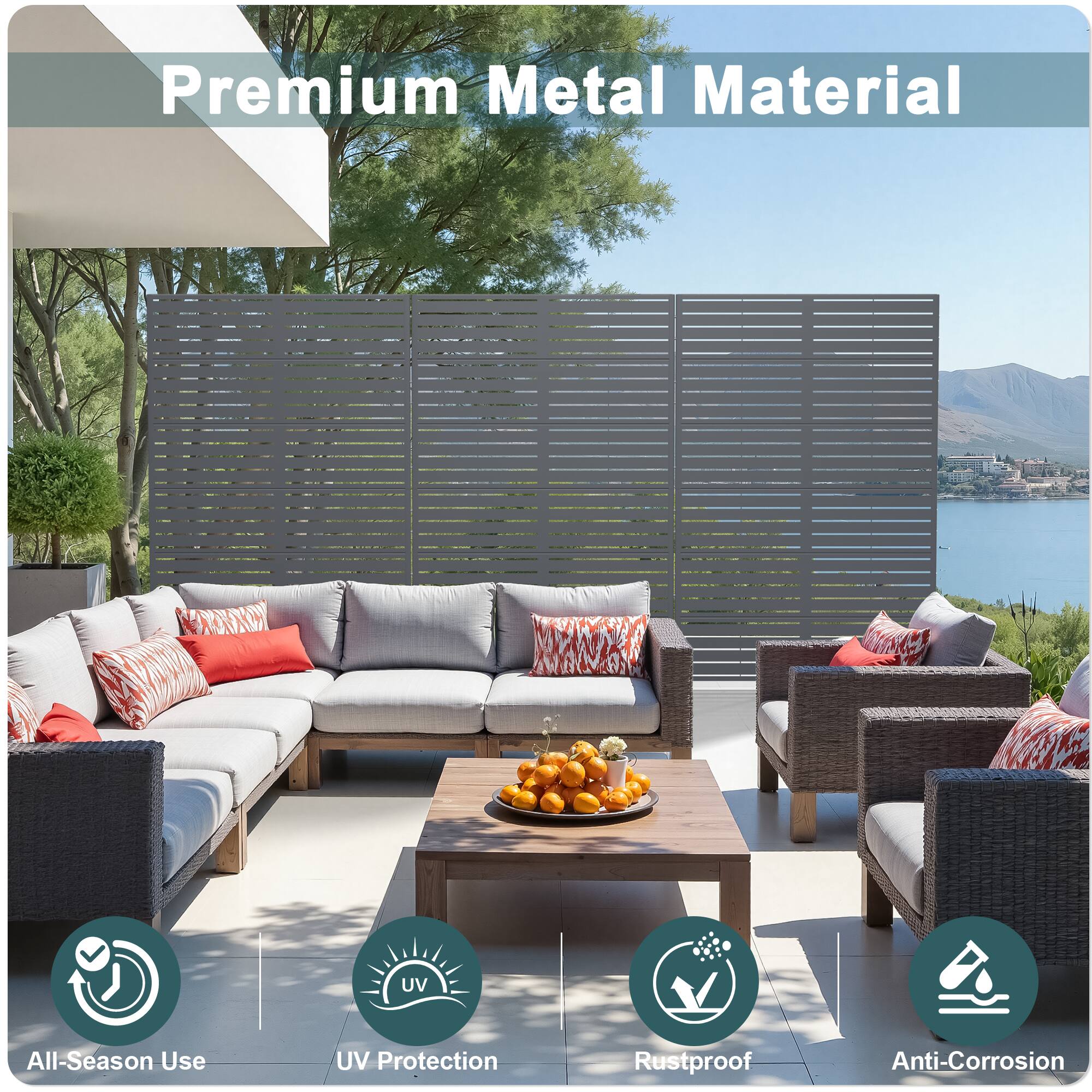 Premium Metal Material

- All-Season Use
- UV Protection
- Rustproof
- Anti-Corrosion