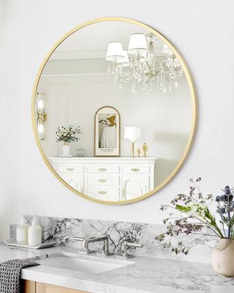 Front. Homhougo - Round Gold Mirror Modern Metal Frame Wall Mounted Decor.