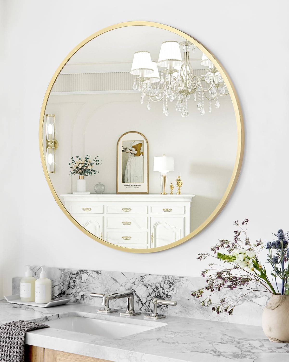 Front. Homhougo - Round Gold Mirror Modern Metal Frame Wall Mounted Decor.