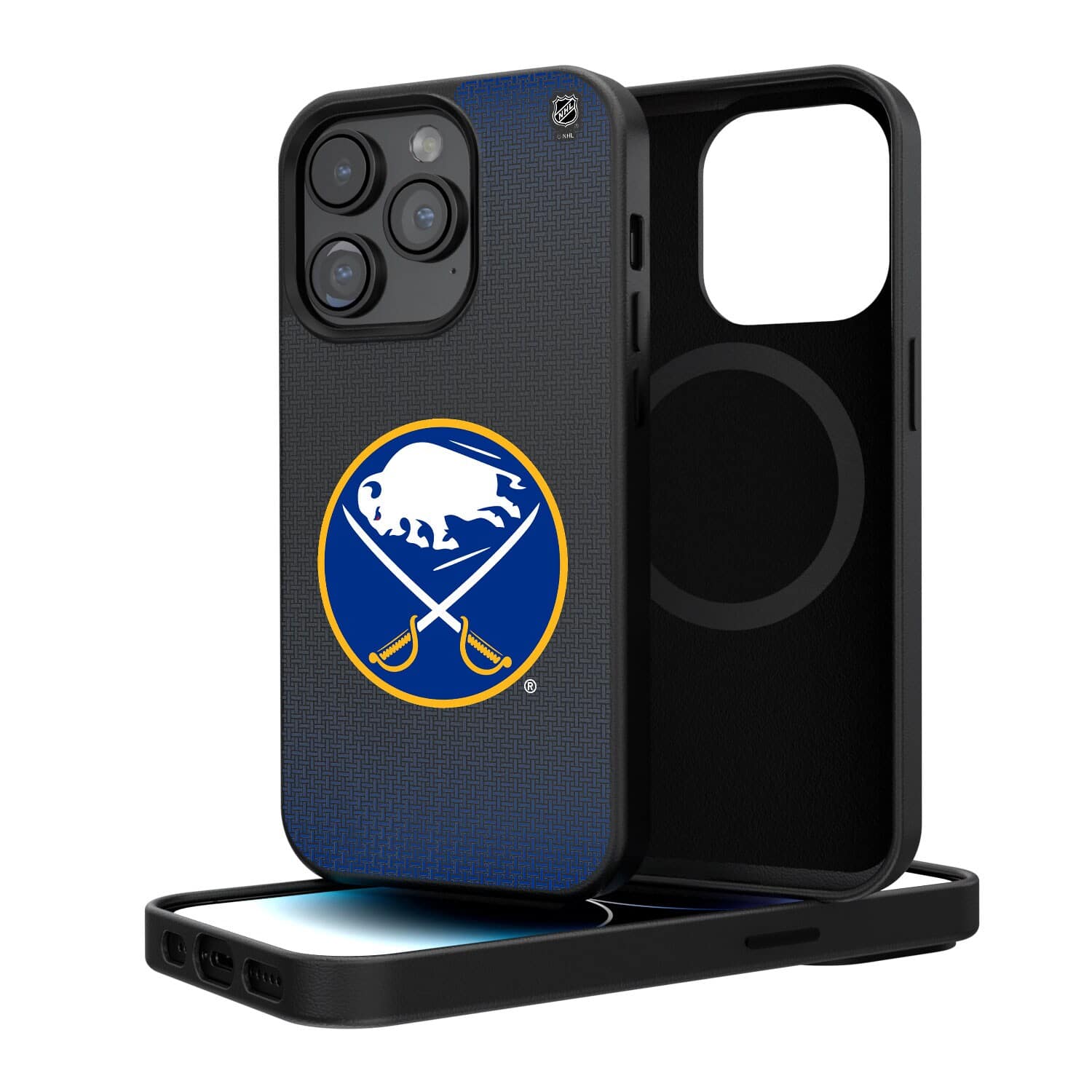Front. Keyscaper - Buffalo Sabres Linen Logo iPhone Magnetic Bump Case - 16 Pro Max - Black.
