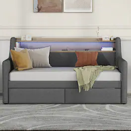 PexFix - Twin Daybed with Storage Drawers, LED Lights & Charging Station, Upholstered Bed for Guest Room - Gray
