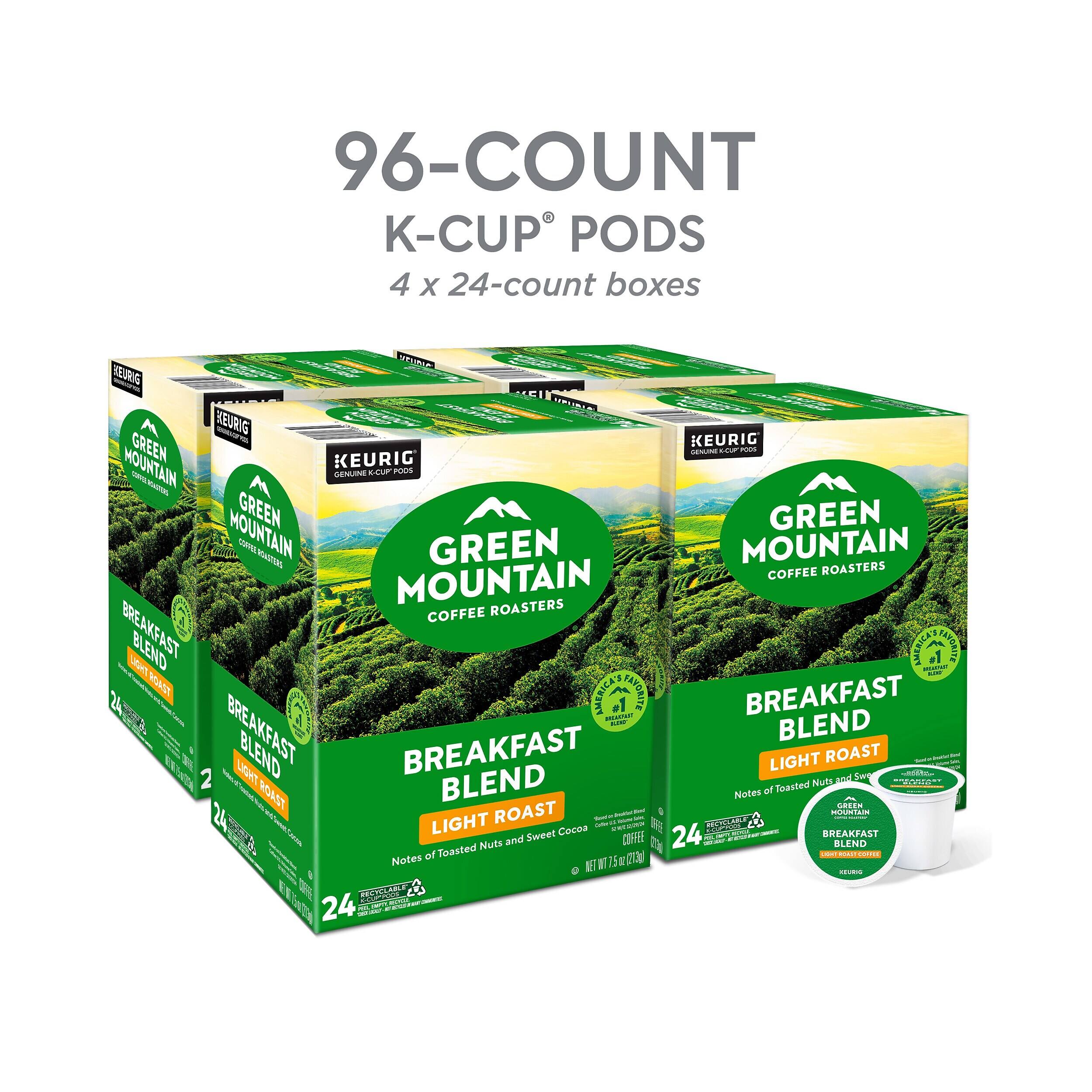 96-COUNT K-CUP PODS  
4 x 24-count boxes  

UNIONAL HEURIG VEPURAL HEURIG KEURIG MOUNTAIN GREEN KEURIG POOS GENUNE K-OJY FOODS GENUINE K-CUP MOUNTAIN GREEN GREEN COFFEE GREEN MOUNTAIN ROASTERS MOUNTAIN COFFEE COFFEE ROASTERS BREAKFAST BLEND THOU INZASSIUT RIC 1 FAYORITE ROAST 1 BREAKFAST BLEND 2 BREAKFAST BLEND LIGHT BREAKFAST BLEND LIGHT Toasted Nuts ROAST and Sweet Notes of GREEN ROAST DO! MOUNTAIN the LIGHT Cocoa RECYCLABLE COLORIES Sweet 24 BREAKFAST Nuts and COFFEED BLEND Notes of Toasted for (13g) con't HALL COFFEE NET WT KEURIO RECYCLABLE 24 MDCJ est