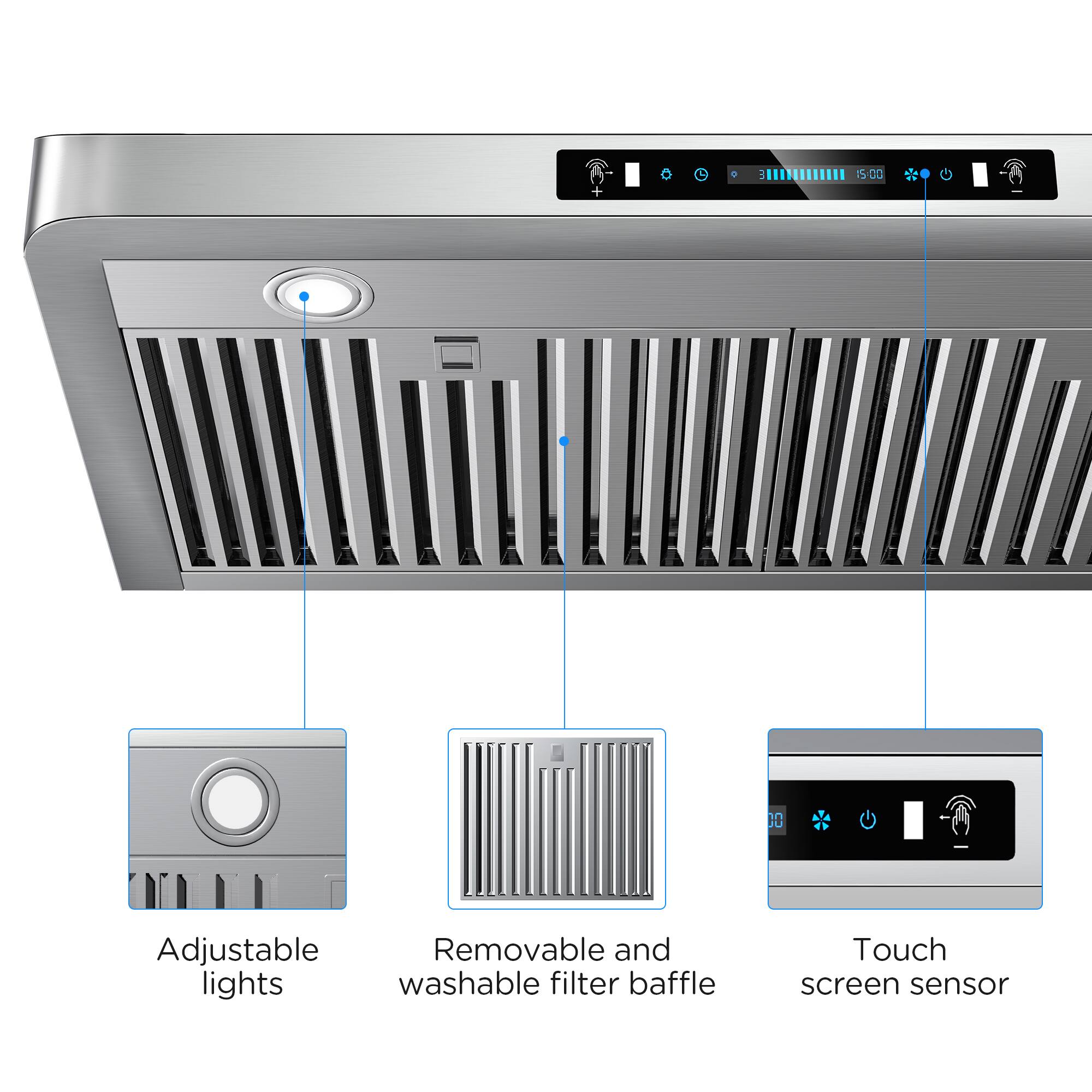 - Adjustable lights
- Removable and washable filter baffle
- Touch screen sensor