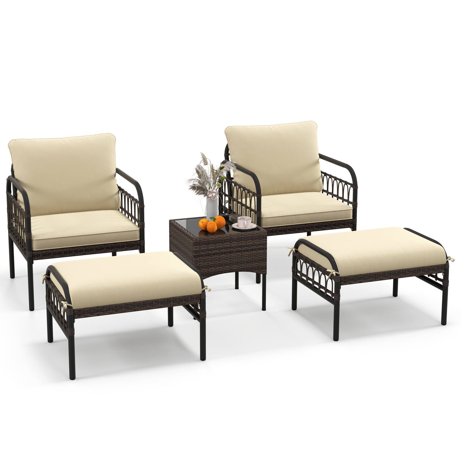 Alt View 1. Gymax - Gymax 5PCS Wicker Furniture Set PE Rattan Chair Set w/ Ottomans & Coffee Table Patio - Brown.