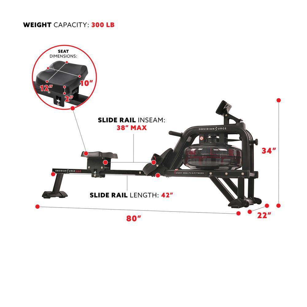 WEIGHT CAPACITY: 300 LB  
SEAT DIMENSIONS: 12" x 2" x 10"  
SLIDE RAIL INSEAM: 38" MAX  
SLIDE RAIL LENGTH: 42"  
OBSIDIAN URGE 34"  
OBSIDIAN URGE 300  
SUNNY HEALTH & FITNESS