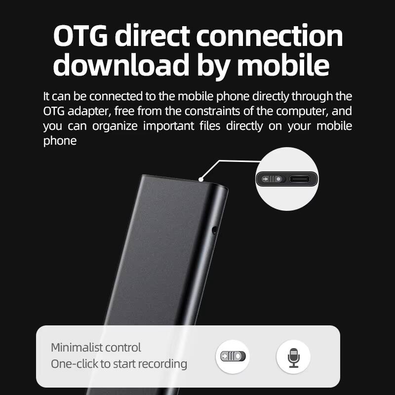 OTG direct connection download by mobile

It can be connected to the mobile phone directly through the OTG adapter, free from the constraints of the computer, and you can organize important files directly on your mobile phone

Minimalist control
One-click to start recording