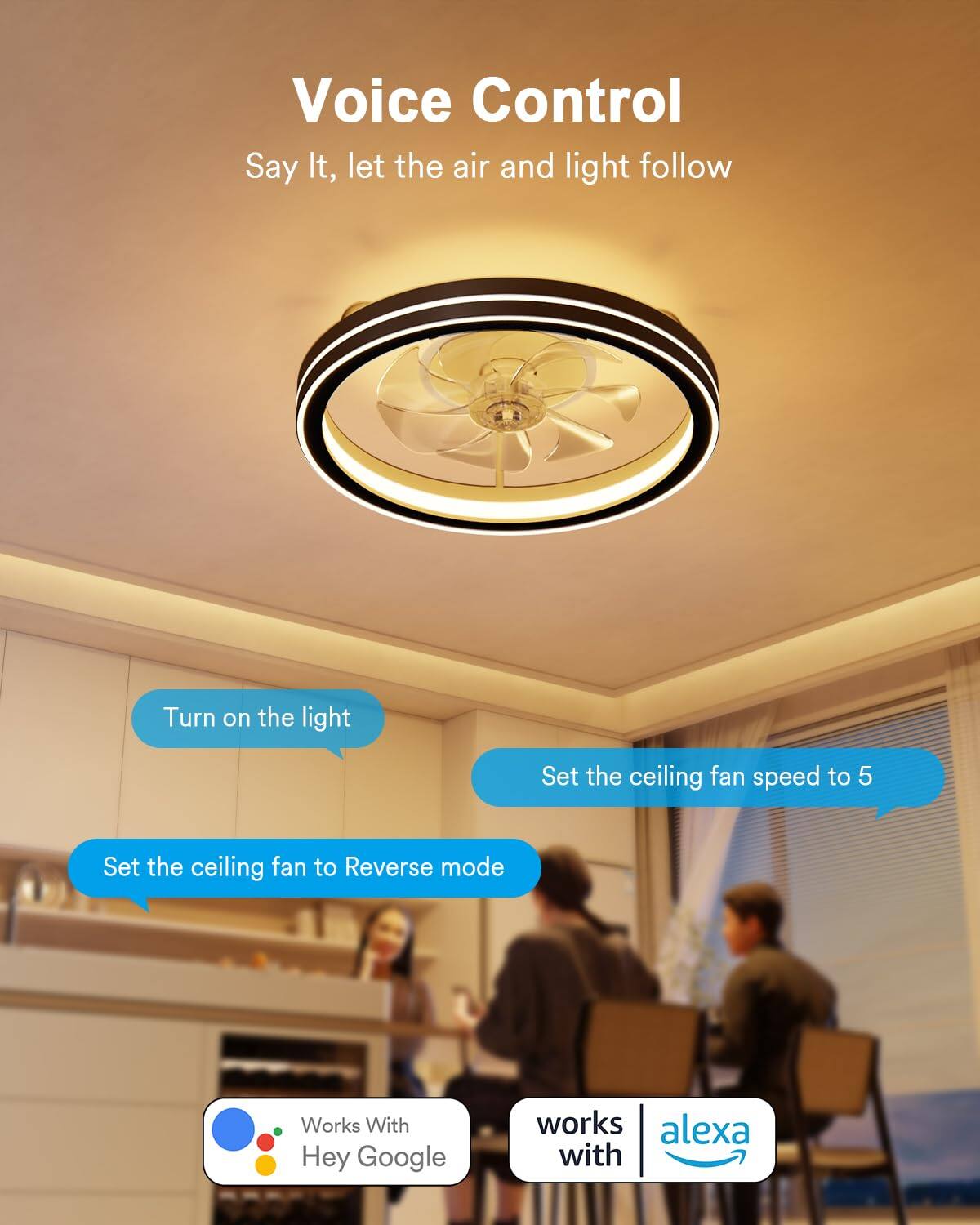 Voice Control  
Say It, let the air and light follow  

Turn on the light  
Set the ceiling fan speed to 5  
Set the ceiling fan to Reverse mode  

Works With Hey Google  
works with alexa