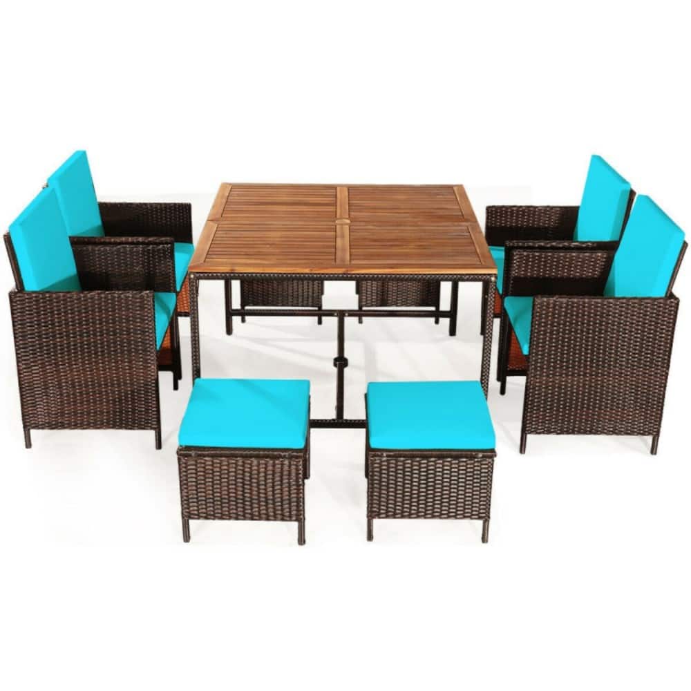 Mondawe - 9 Pieces Patio Rattan Dining Cushioned Chairs Set - Turquoise