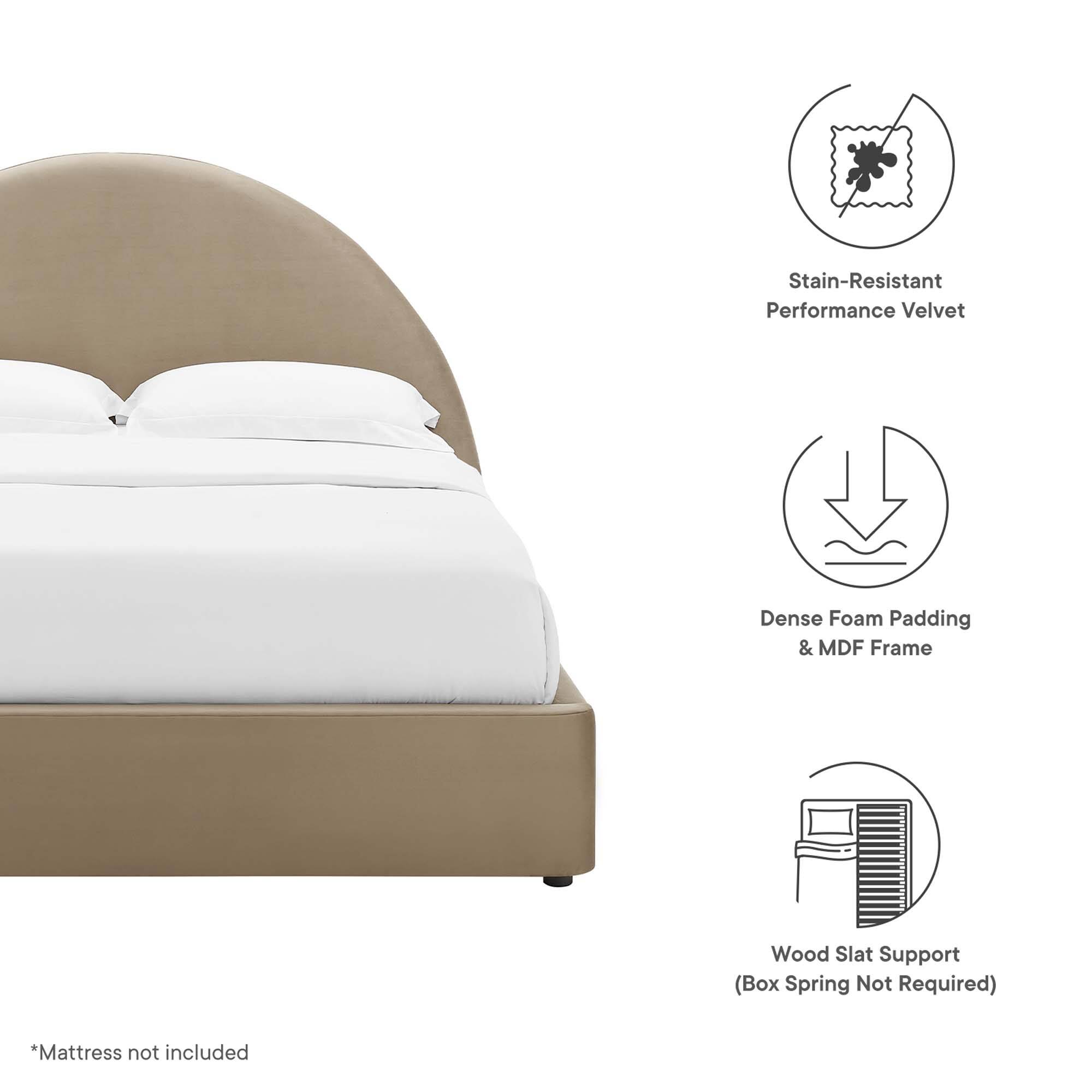 - Stain-Resistant Performance Velvet
- Dense Foam Padding & MDF Frame
- Wood Slat Support (Box Spring Not Required)
- *Mattress not included