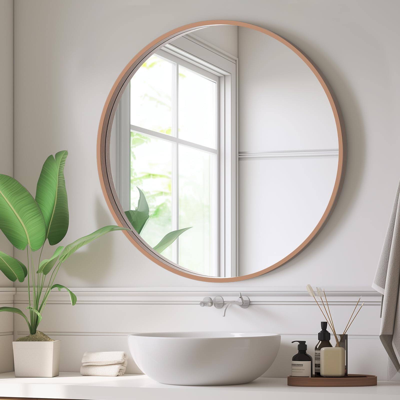 Left. Comfort Essence - Round Wood Mirror 24" Bathroom Wall Circle Mirrors For Decor Vanity Living Room Bedroom Entryway Walnut - White-28"L x 28"W.