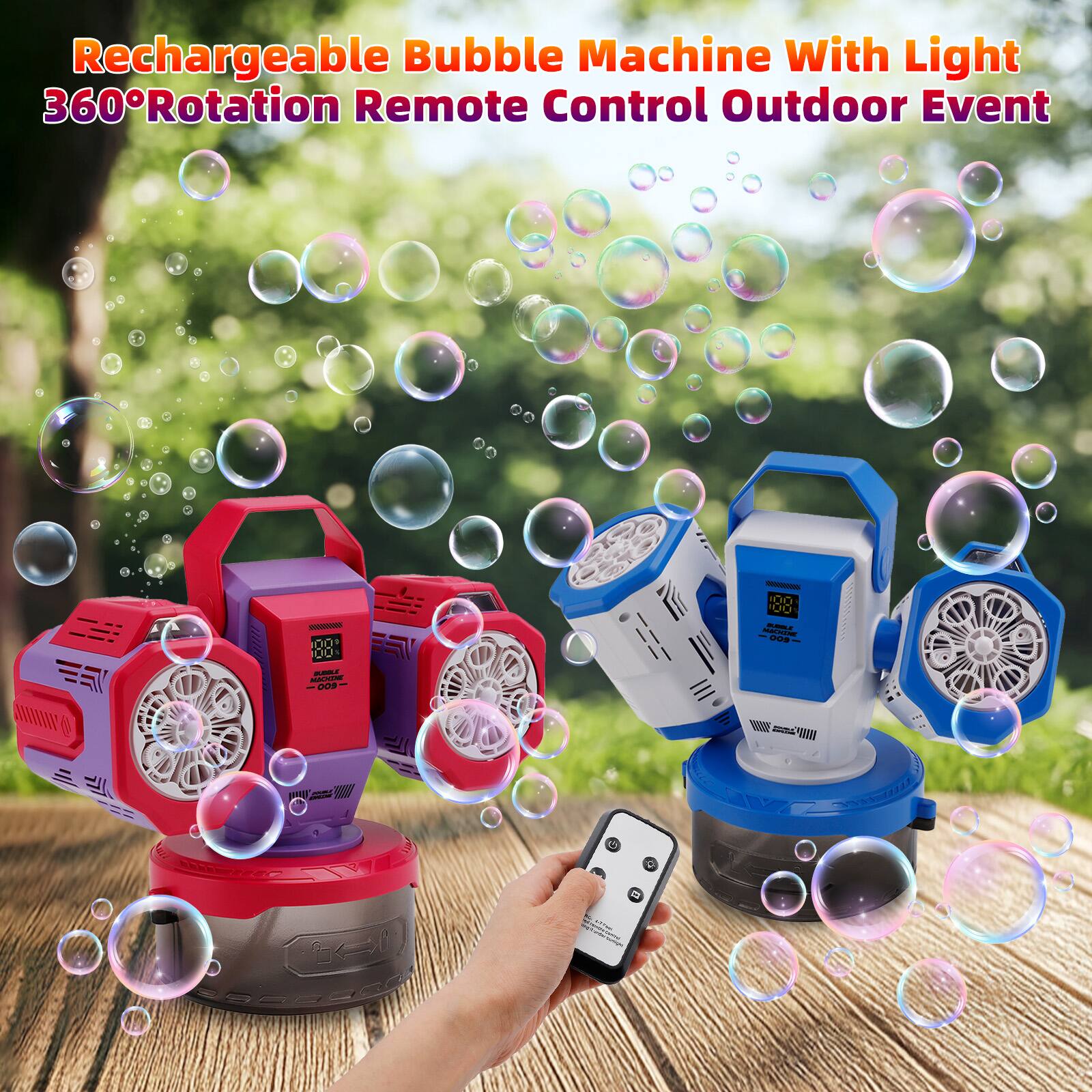 Rechargeable Bubble Machine With Light 360°Rotation Remote Control Outdoor Event