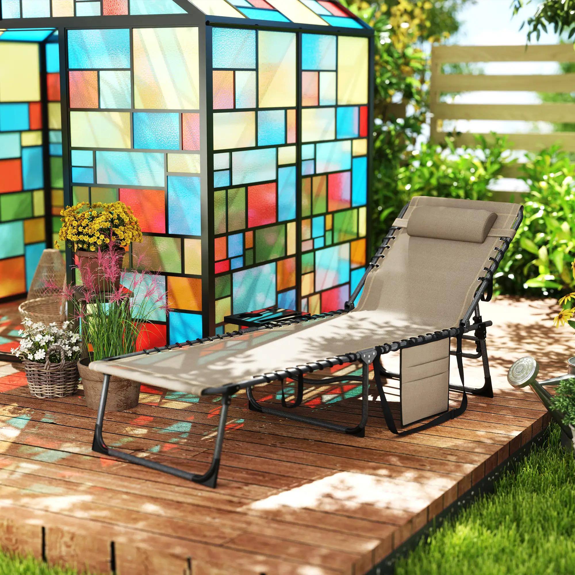 Left. Resenkos - Resenkos Folding Outdoor Chaise Lounge Chair Tanning Chair With 5-Level Adjustable Back, Pocket, Beige - Beige.