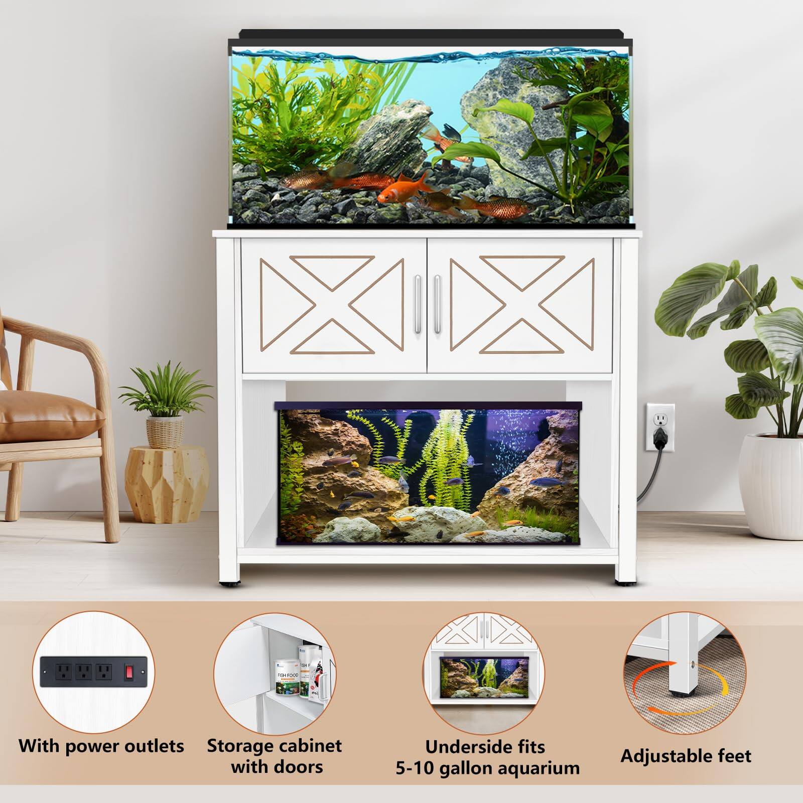 - With power outlets
- Storage cabinet with doors
- Underside fits 5-10 gallon aquarium
- Adjustable feet