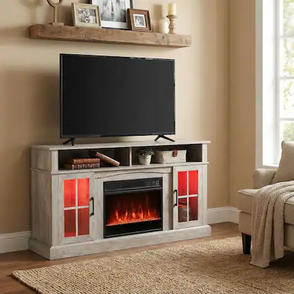 Front. Pefilos - 58 Fireplace TV with LED Modern Media Glass Doors Adjustable Shelves for Living Room TV Stand - Gray.