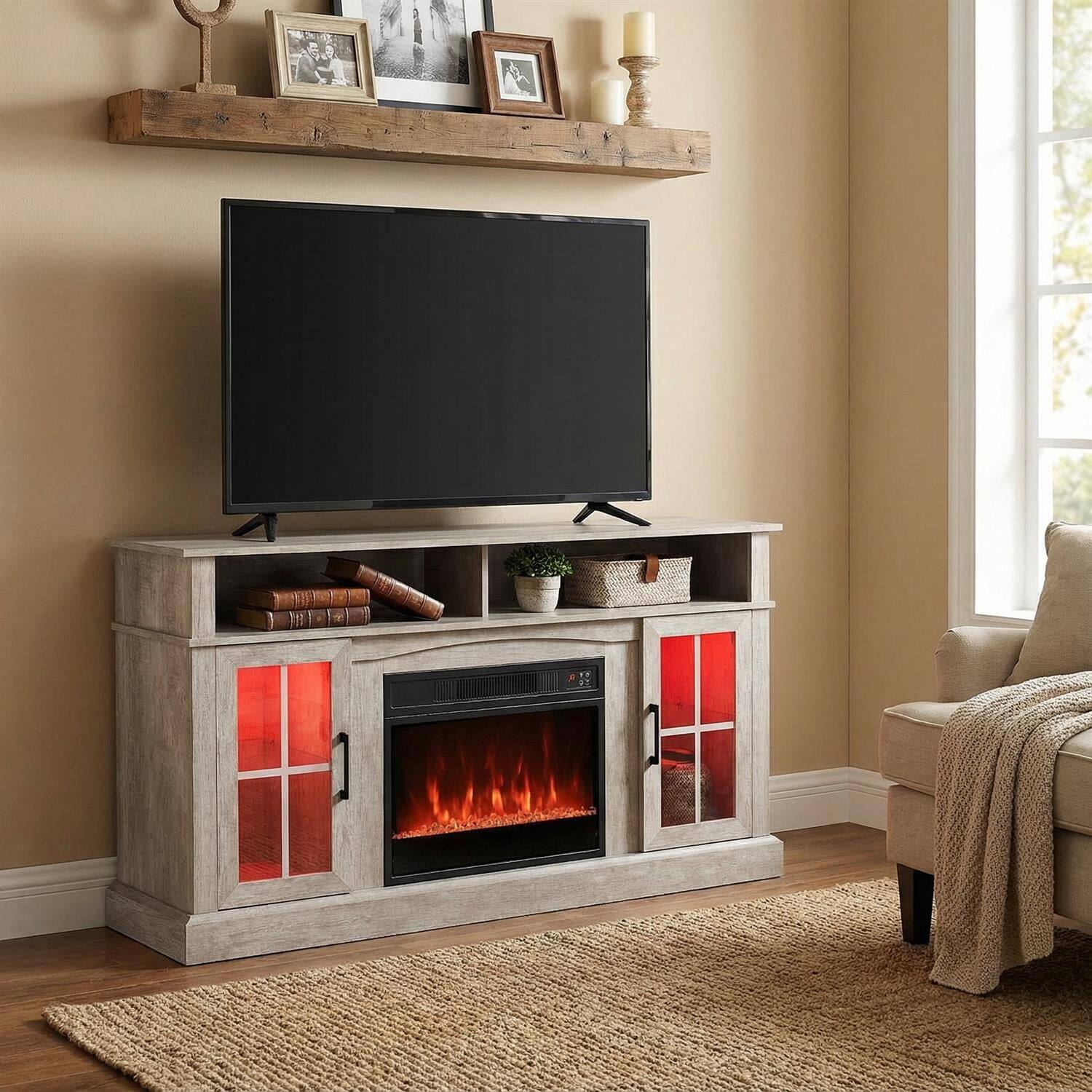 Front. Pefilos - 58 Fireplace TV with LED Modern Media Glass Doors Adjustable Shelves for Living Room TV Stand - Gray.