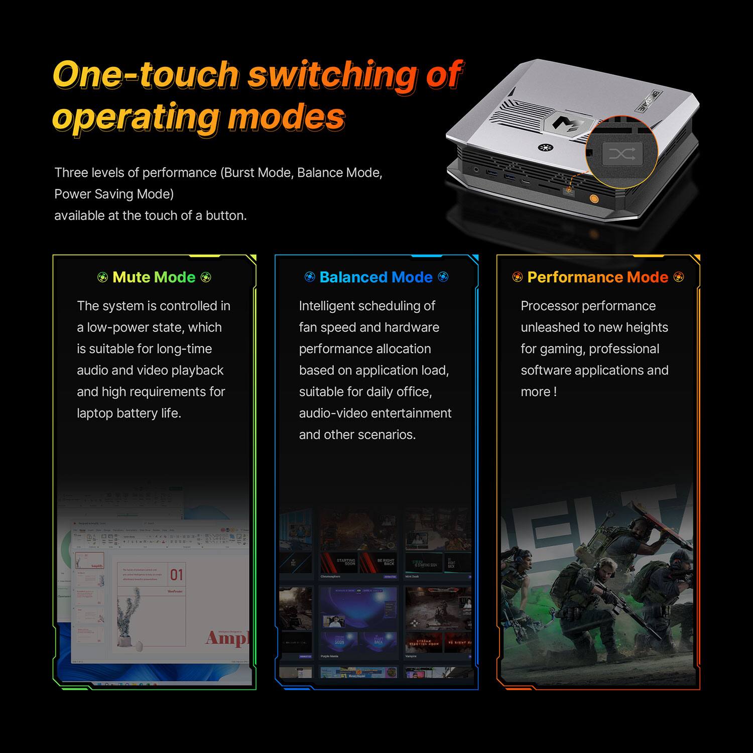 One-touch switching of operating modes

Three levels of performance (Burst Mode, Balance Mode, Power Saving Mode) available at the touch of a button.

- **Mute Mode**
  - The system is controlled in a low-power state, which is suitable for long-time audio and video playback and high requirements for laptop battery life.

- **Balanced Mode**
  - Intelligent scheduling of fan speed and hardware performance allocation based on application load, suitable for daily office, audio-video entertainment and other scenarios.

- **Performance Mode**
  - Processor performance unleashed to new heights for gaming, professional software applications and more!