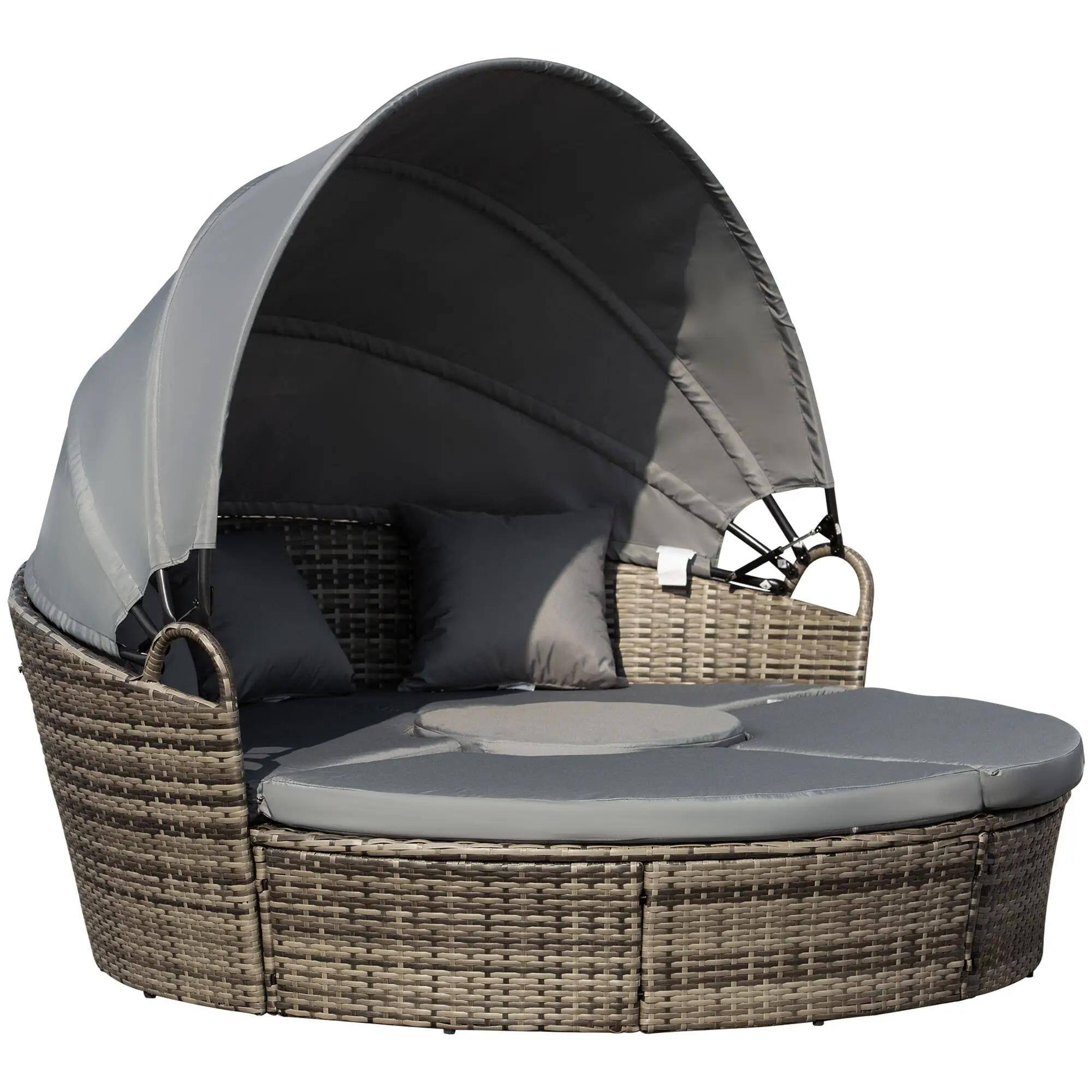Angle. Resenkos - Resenkos 4-Piece Round Convertible Daybed with Cushions, Outdoor Sectional Furniture, PE Rattan, Gray - Gray.