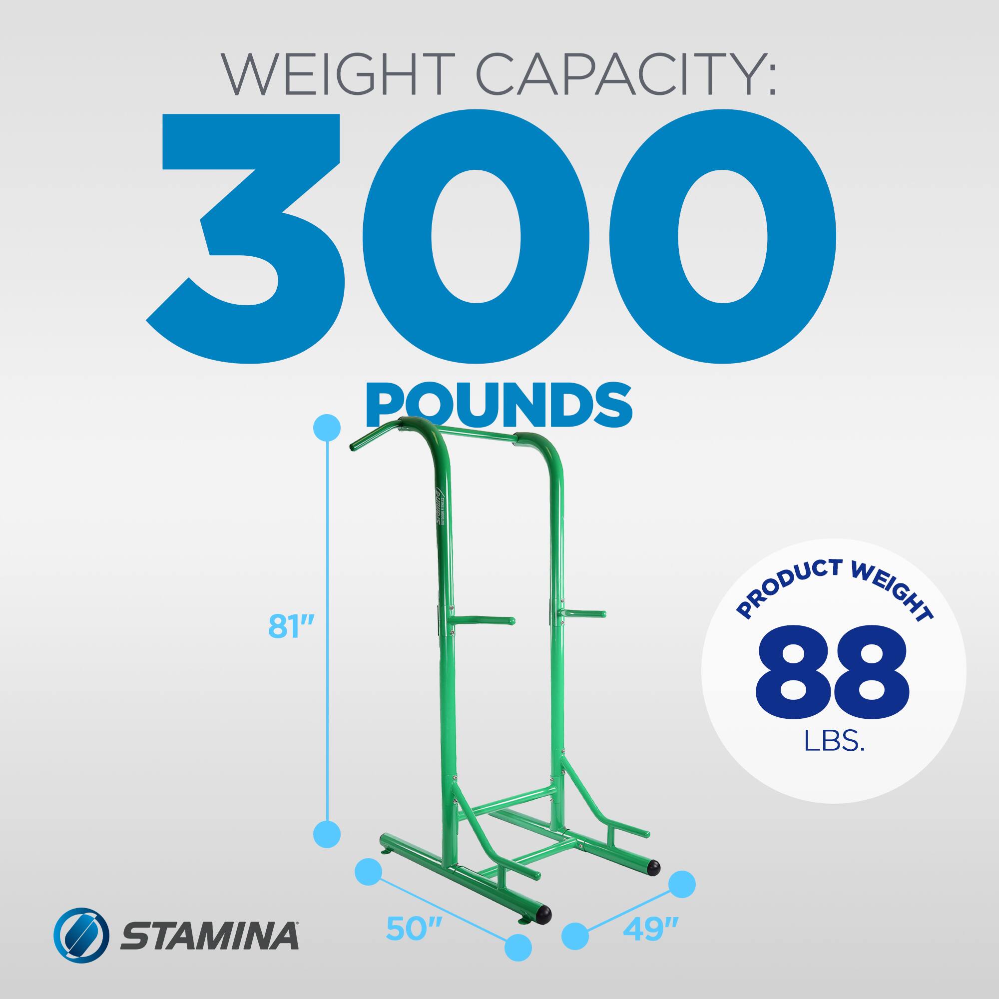 WEIGHT CAPACITY: 300 POUNDS  
PRODUCT WEIGHT: 88 LBS.  
STAMINA  
50" x 49" x 81"